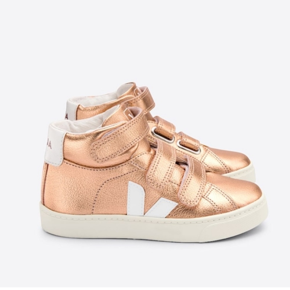 Veja Kids V-10 Esplar Mid Metallic Gold Leather High Top Sneakers Fur Lined 8.5